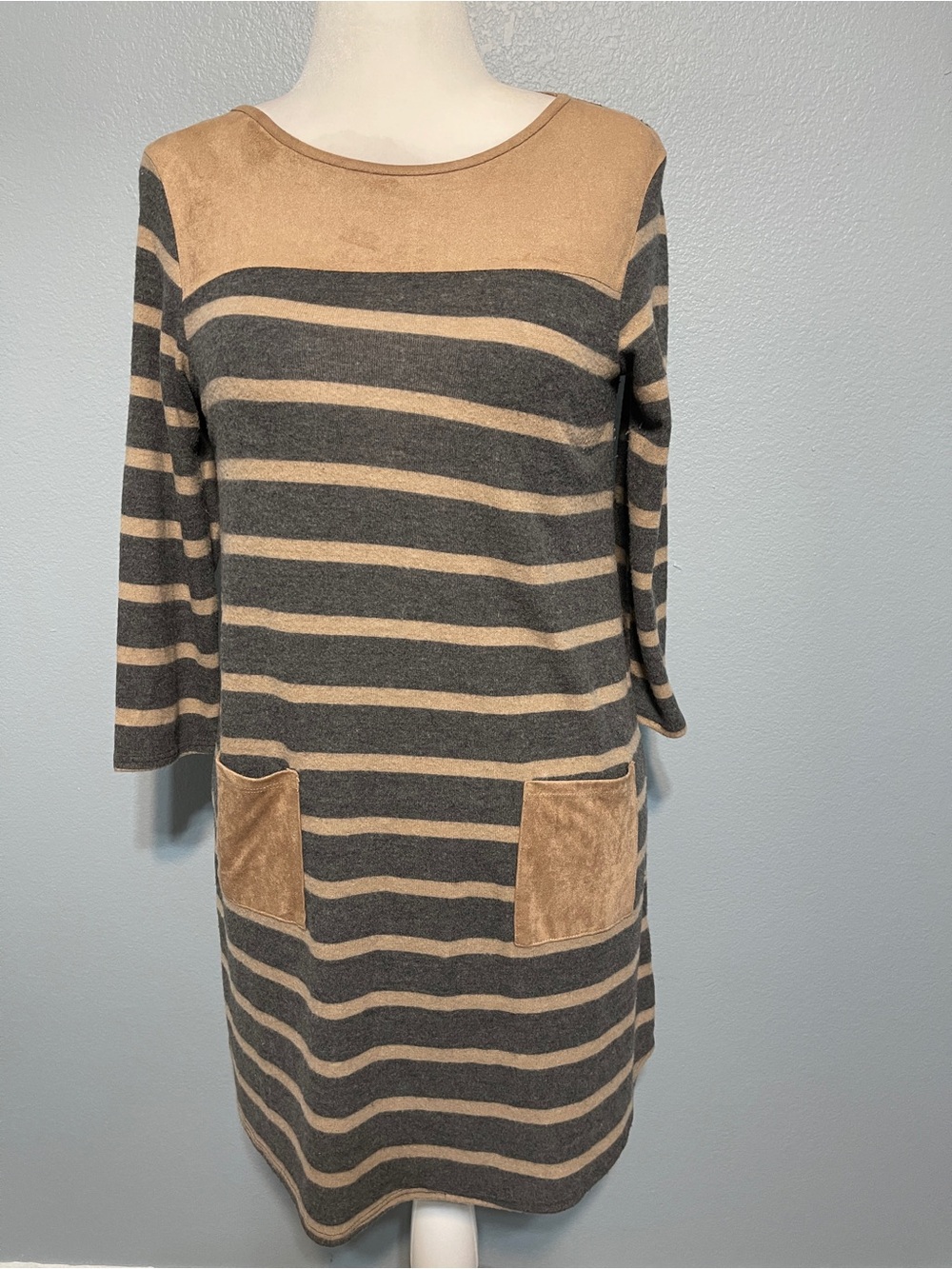 Moa Moa Striped Sweater Dress Faux Suede Pockets Brown Gray Tunic Boho Medium